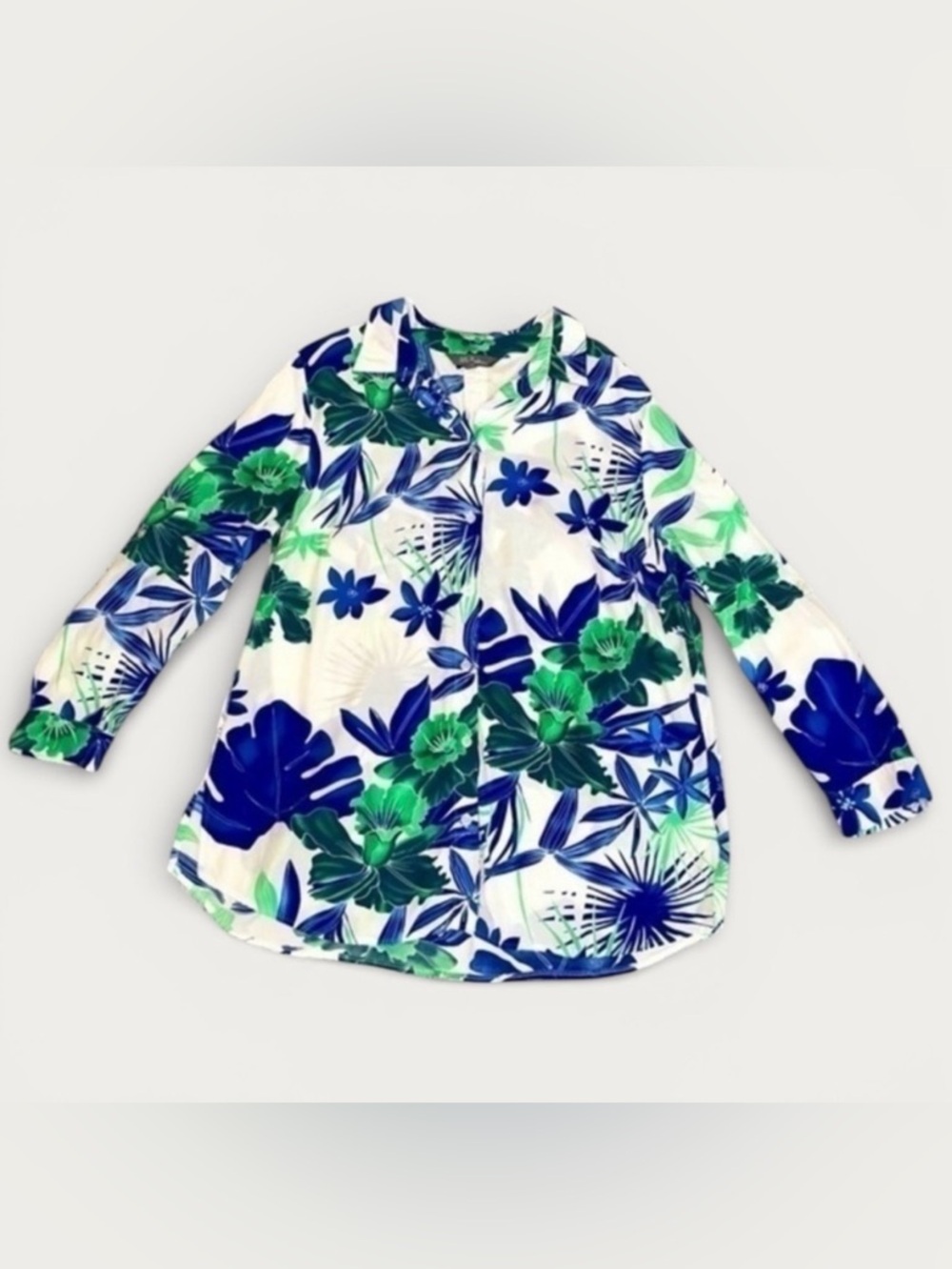 ULLA POPKEN Women’s Floral Hawaiian Button Up Shirt 
White Blue Green Size 16/18